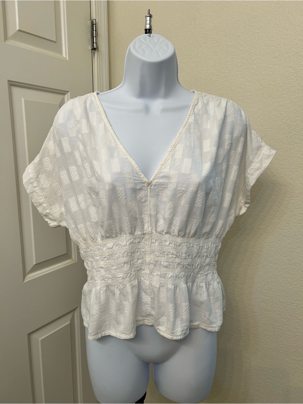 Madewell White Smocked Peplum V-Neck Top